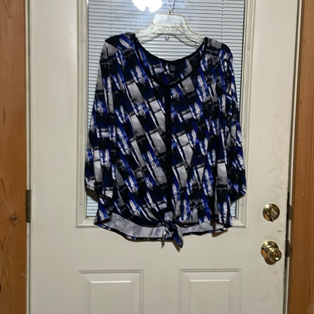 Black and Blue top with button up detail and tie at waist